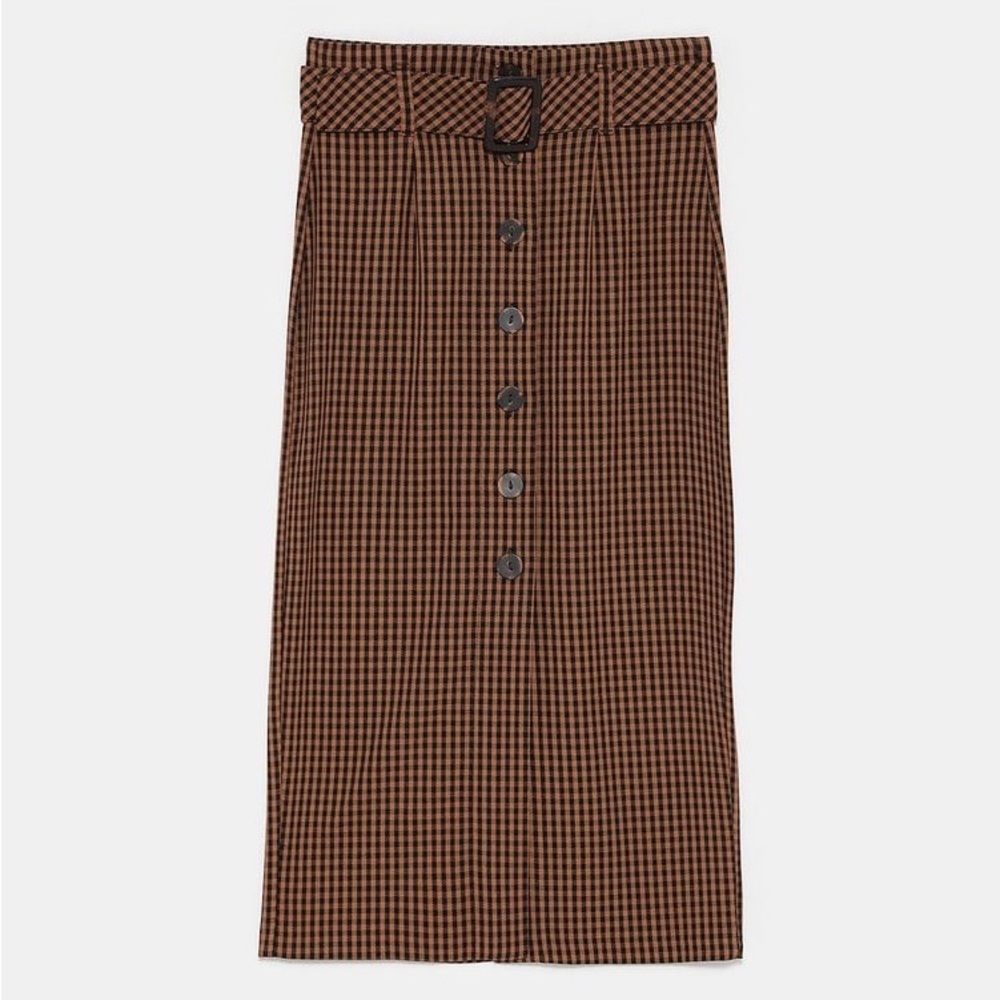 Zara midi skirt brown and black shepard’s check with belt